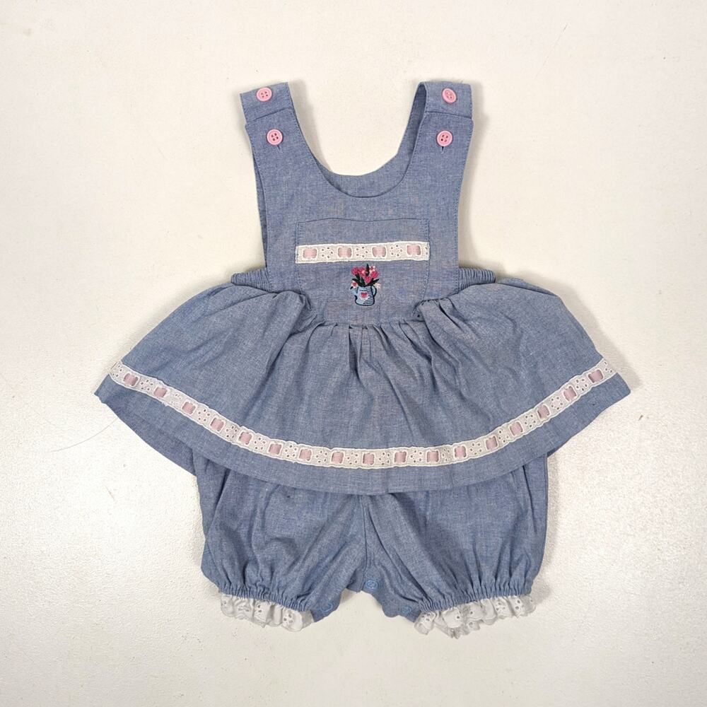 Vintage Bubble Outfit Baby Girls Size 3-6m Chambray Blue Flower Skirt Romper